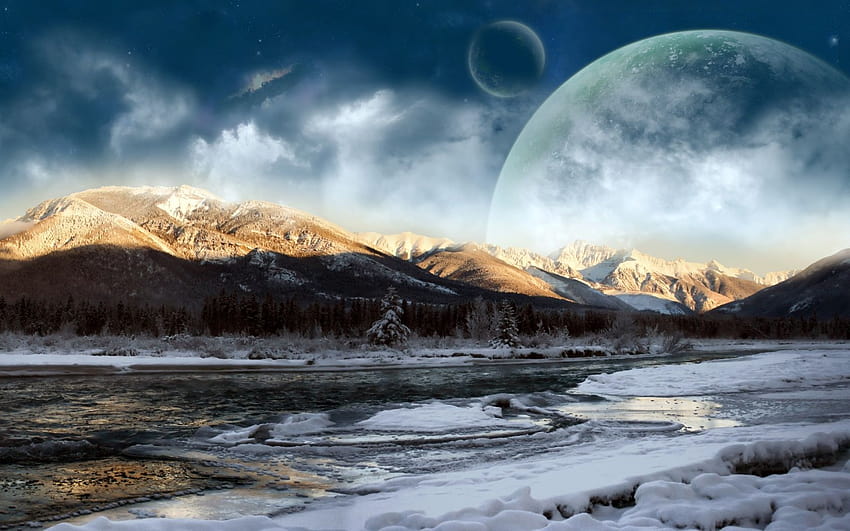 氷の山、宇宙、惑星、サイエンスフィクション、サイエンスフィクション、冬 高画質の壁紙