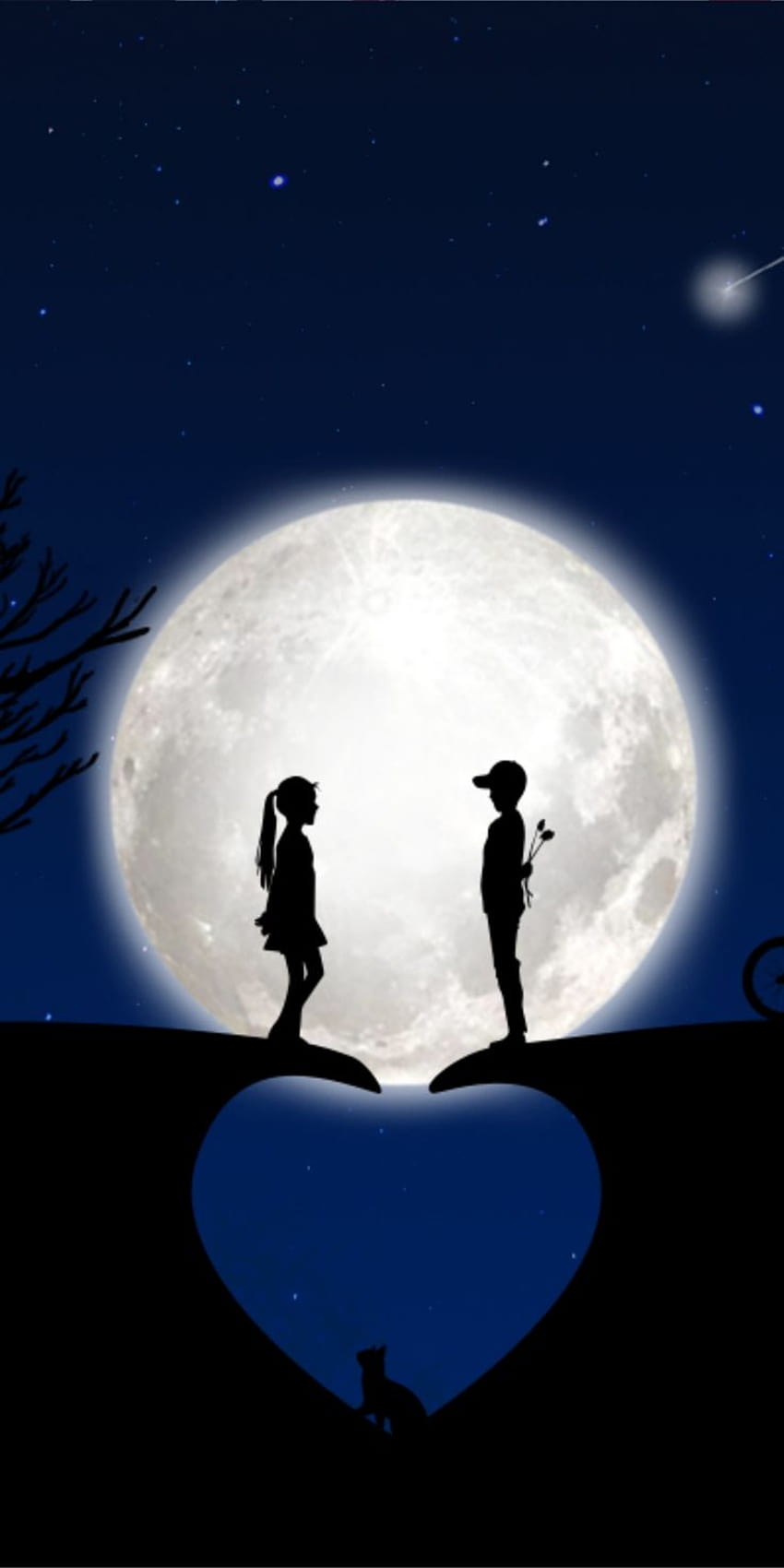 Corazón, luna, pareja, silueta, arte, 1080x2160, luna de dibujos animados fondo de pantalla del teléfono