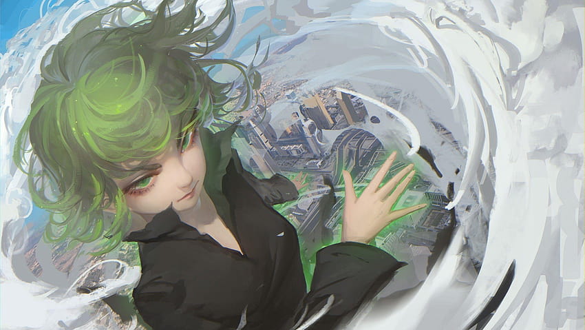 2600x1464 One Punch Man, Tatsumaki, Sky, Clouds, Green Hair HD wallpaper
