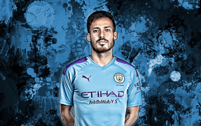 David Silva, plamy niebieskiej farby, hiszpańscy piłkarze, Manchester City FC, grunge art, sezon 2019 Tapeta HD