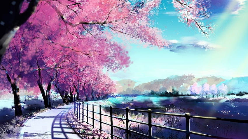 Peinture de printemps de ciel de route de fleurs de cerisier, printemps peint Fond d'écran HD