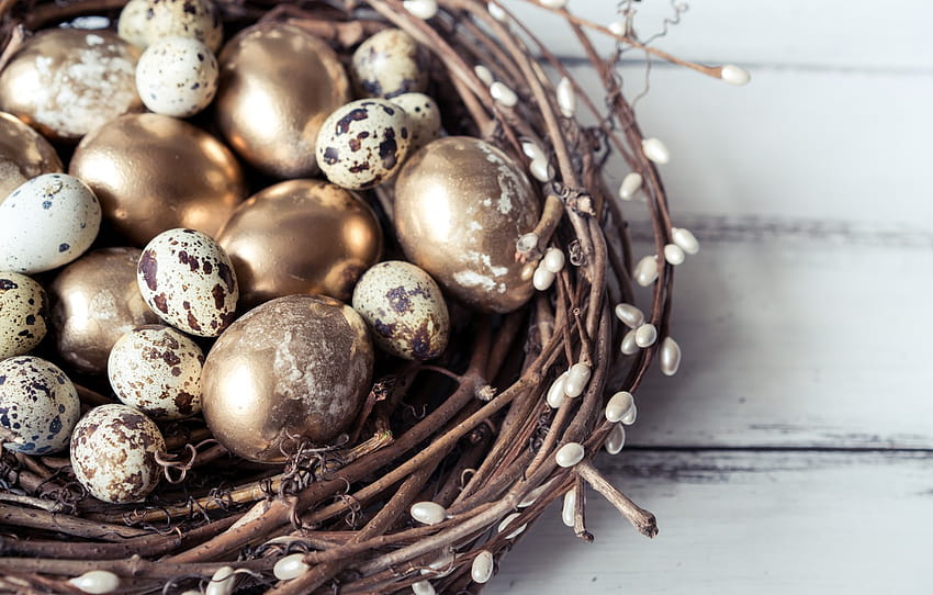 branches, spring, Easter, socket, golden, happy, Verba, spring, Easter, eggs, decoration, quail eggs, the painted eggs , section праздники, easter golden HD wallpaper