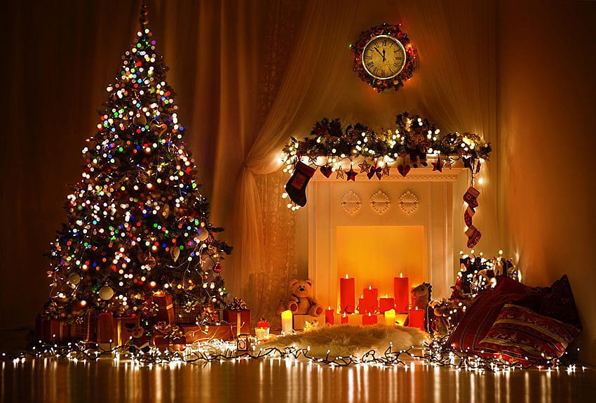 Jam Natal Pohon Natal Lilin Lampu peri Wallpaper HD