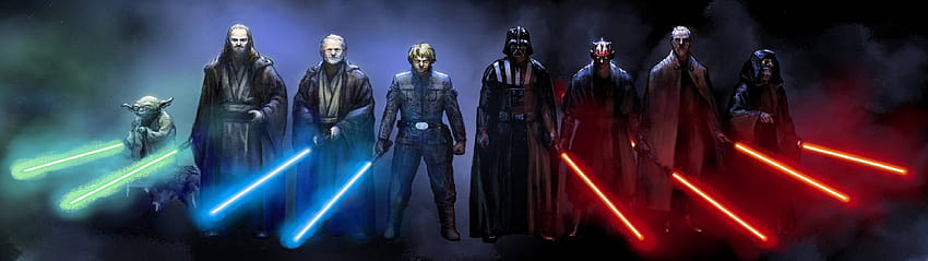 : Star Wars, Darth Vader, display multiplo, Yoda, Obi Wan Kenobi, Luke Skywalker, Imperatore Palpatine, oscurità, 3840x1080 px, computer, effetti speciali, effetti visivi 3840x1080 Sfondo HD