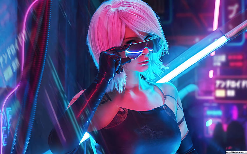 Cyberpunk 2077' Videojuego, chica cyberpunk rosa fondo de pantalla