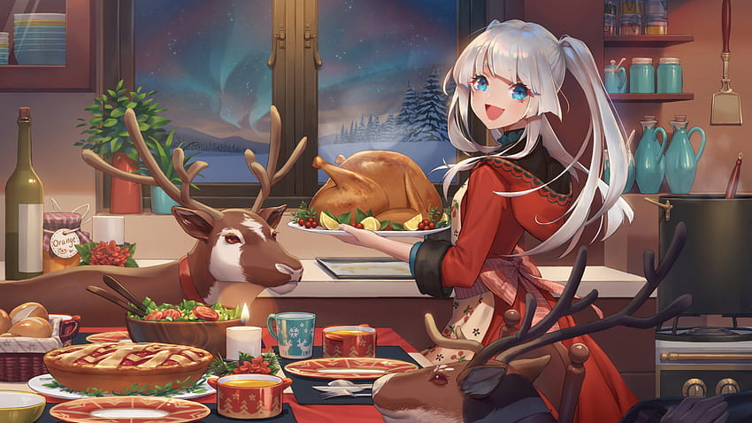 Abendessen, Anime-Mädchen, Weihnachten, , Hintergrund, 82bcc8, Anime-Weihnachten HD-Hintergrundbild
