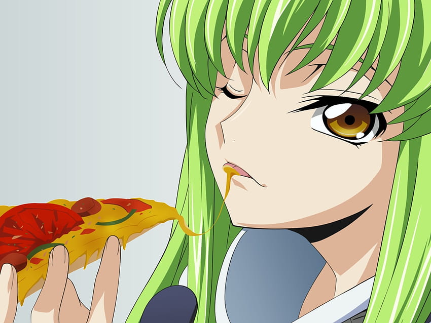 : Code Geass, food, pizza, anime girls eating, green hair, anime girls 1600x1200, pizza girl HD wallpaper