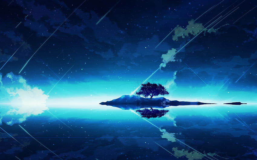 2880x1800 Anime Manzara, Yalnız Ağaç, Yansıma, Su, Bulut, Yıldızlar for MacBook Pro 15 inç, su manzarası HD duvar kağıdı