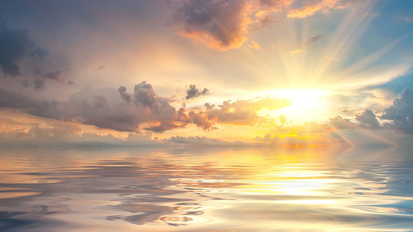 Dawn at sea, sunrise, clouds, beautiful nature landscape, sunrise on clouds anime HD wallpaper
