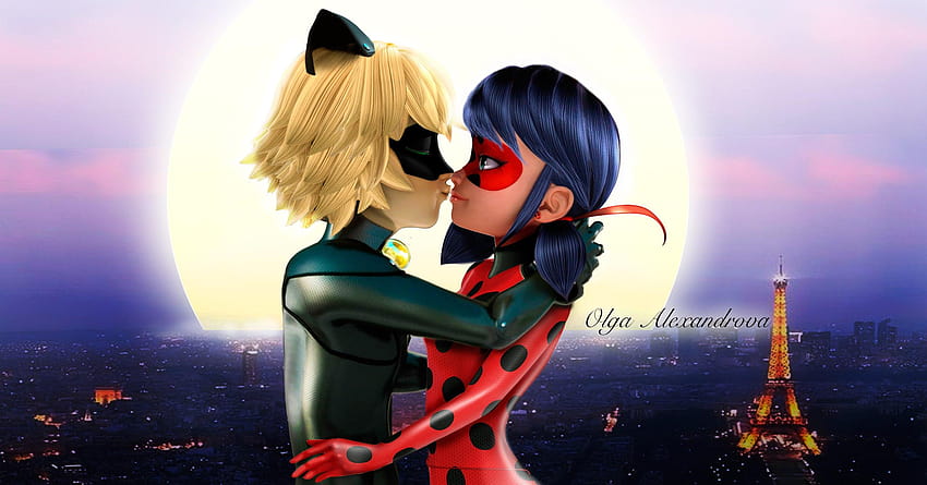 Miraculous Ladybug romantic fan art, ladybug kissing cat noir HD wallpaper