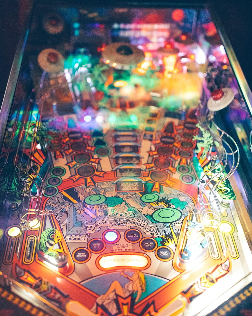 blue and multicolored pinball machine close HD phone wallpaper