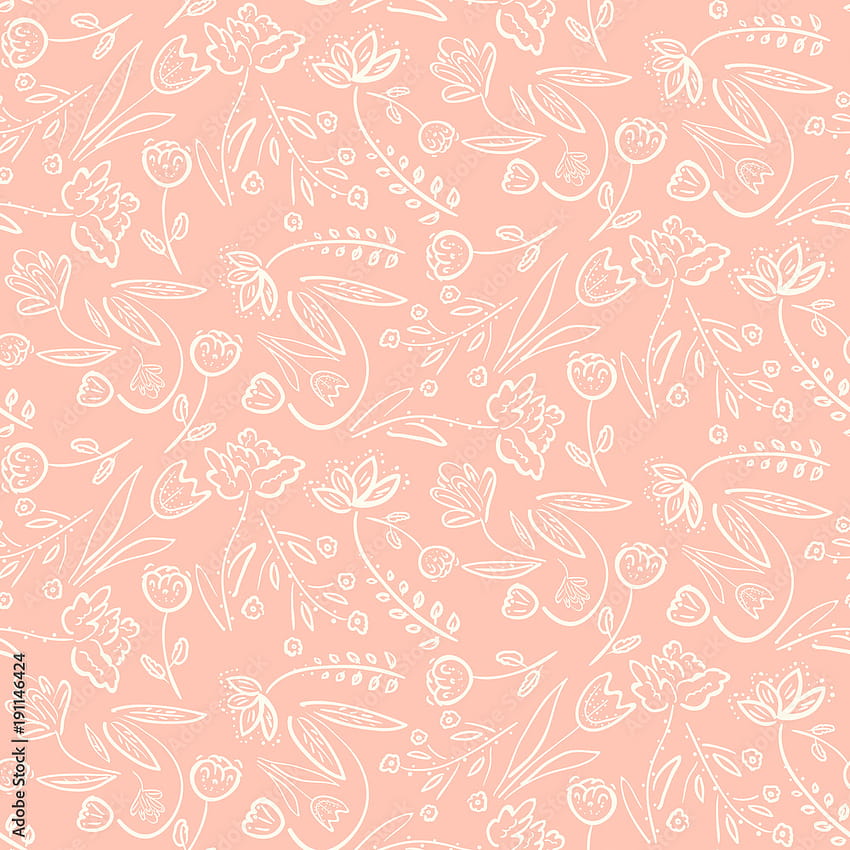 Tender seamless pattern with pink spring linear hand drawn floral motif. Romantic white meadow flowers on peach backgrounds texture for textile, wrapping paper, cover, surface, Stock Vector, peach spring HD phone wallpaper