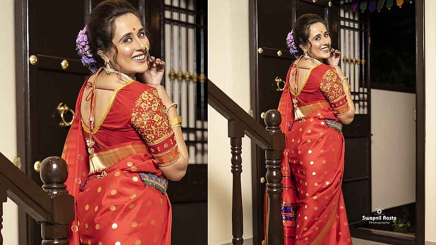Girlanda w czerwonym sari i włosy… Piękno Alanyi Tejaswini Lonari w tradycyjnym stroju! Tapeta HD