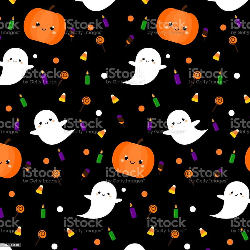 Halloween Pattern With Cute Ghosts Pumpkin And Symbols In Kawaii Style Holiday Backgrounds Gift Wrapping Print Stock Illustration HD phone wallpaper