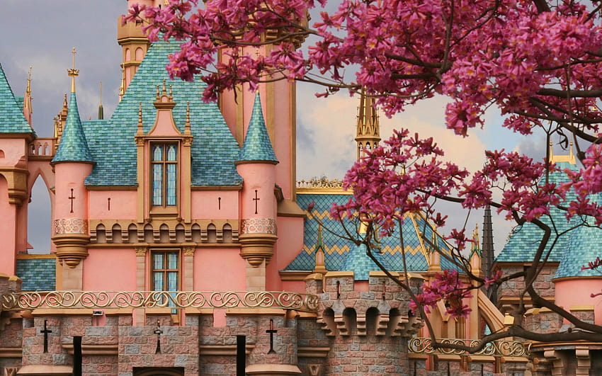 pink fairy tale castle, castle spring HD wallpaper