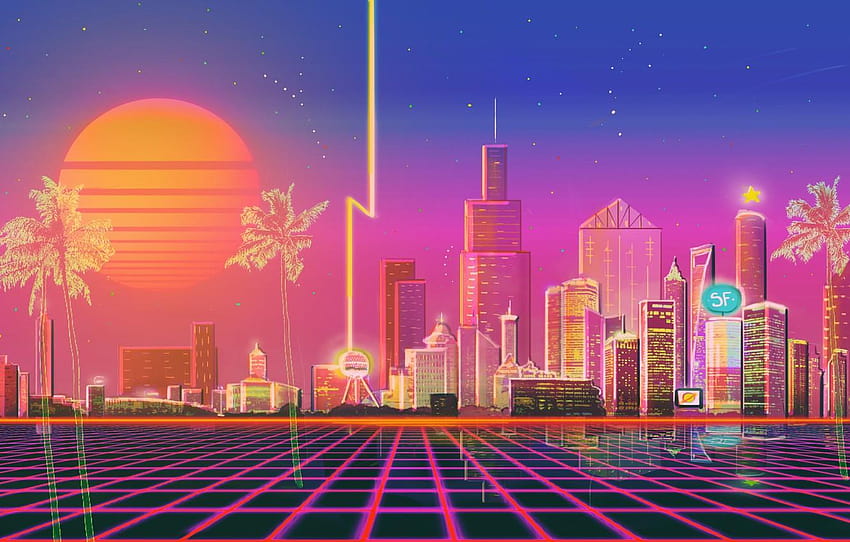 The sun, Music, The city, Style, Background, City, neon retro city HD wallpaper