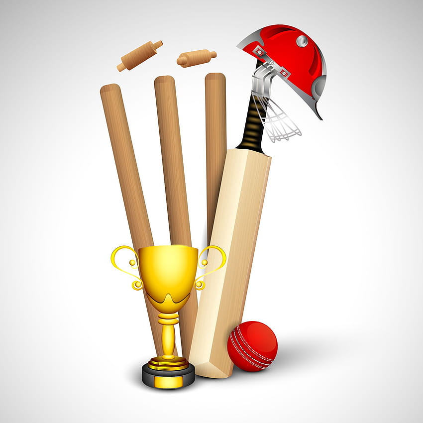 Concepto deportivo abstracto con pelota de cricket en tocones de wicket, bate de cricket y pelota fondo de pantalla del teléfono