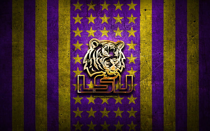 LSU Tigers flag, NCAA, violet yellow metal background, american football team, LSU Tigers logo, USA, american football, golden logo, LSU Tigers with resolution 2880x1800. High Quality, lsu logo HD wallpaper