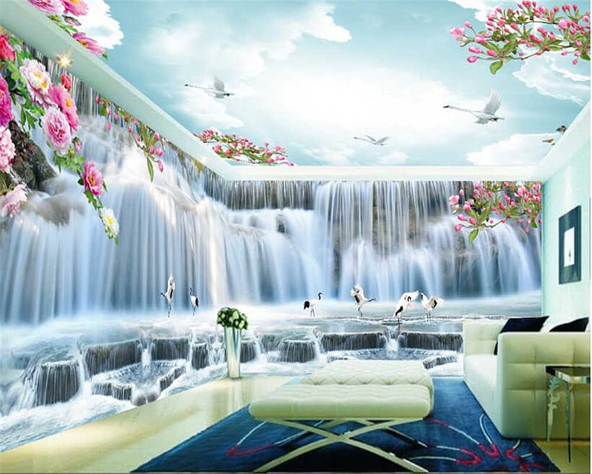 Beibehang Mode fortschrittliche ästhetische dekorative 3D-Hintergrund mit riesigem Wasserfall, Kran, vollem Haus, Heimdekoration HD-Hintergrundbild