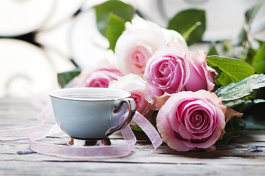 rose Coffee Pink color flower Cup, coffee with rose HD wallpaper