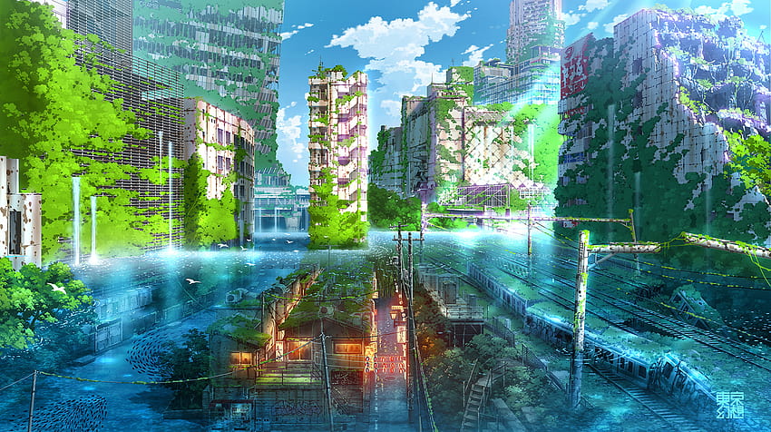 アニメの風景、緑豊かな街のアニメ 高画質の壁紙