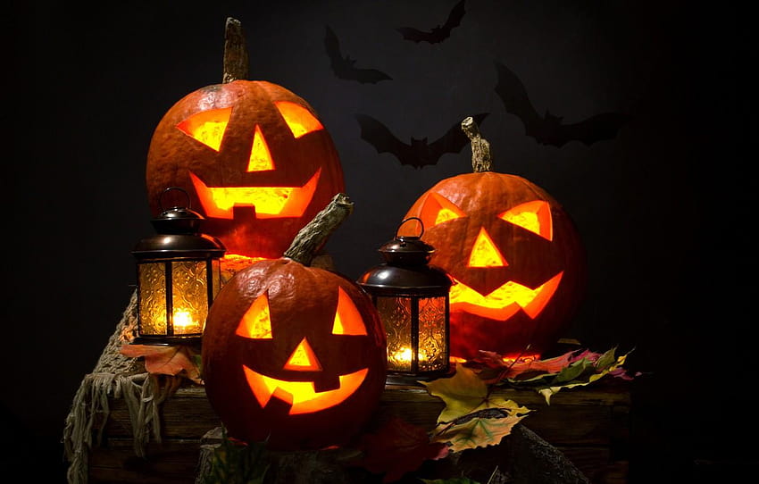 autumn, leaves, night, candles, lantern, Halloween, halloween pumpkin face HD wallpaper