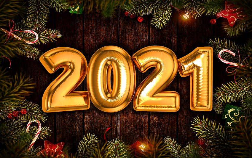 สวัสดีปีใหม่ 2021 กรอบต้นคริสต์มาส ตัวเลขทอง 2021 แนวคิด 2021 2021 บนพื้นไม้ ตัวเลขปี 2021 ลูกโป่งสีทอง ปีใหม่ 2021 ด้วยความละเอียด 3840x2400 คุณสูง วอลล์เปเปอร์ HD