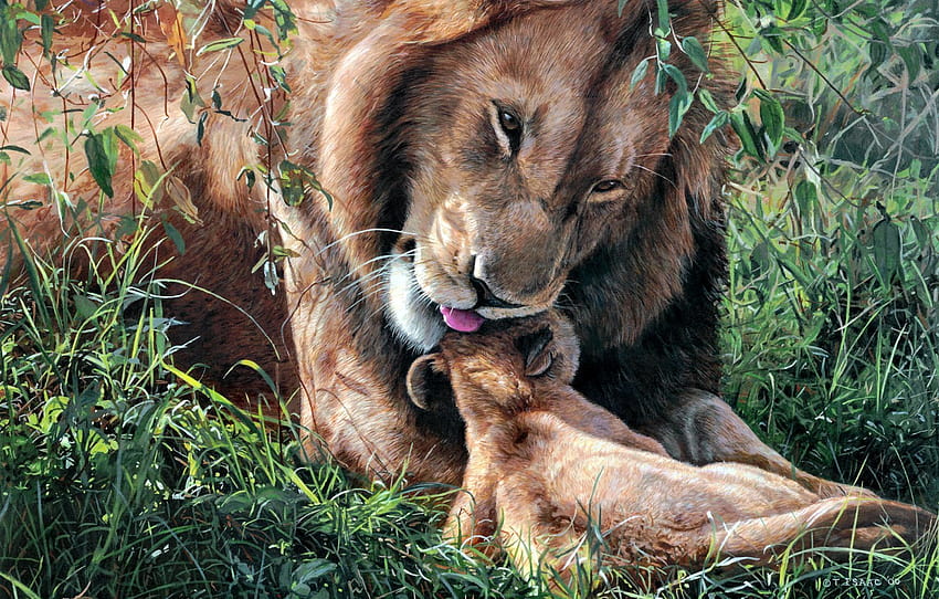 Leo, art, weasel, lion, Fathers Day, Terry Isaac, fatherhood , section кошки HD wallpaper