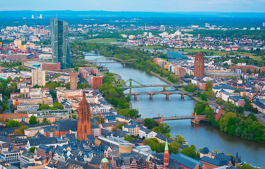 река, сграда, дом, Германия, панорама, мостове, Германия, Франкфурт на Майн, Франкфурт на Майн, река Майн, река Майн , раздел город HD тапет