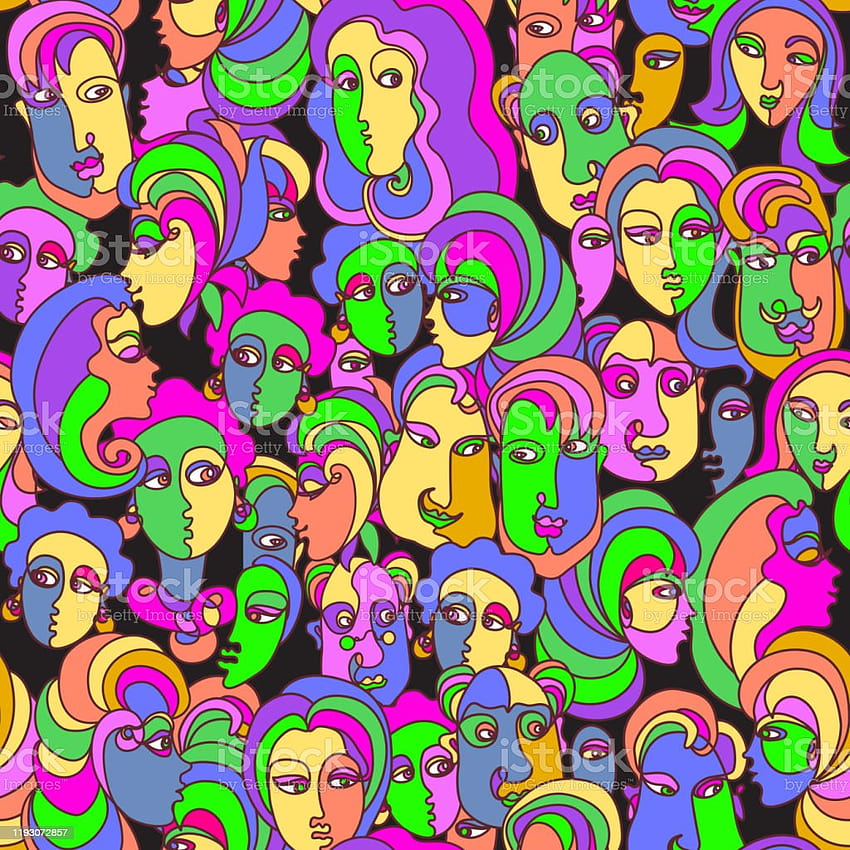 Futuristic People Portraits In Psychedelic Colors On A Black Backgrounds  Seamless Pattern Hippie Print Batik Cubism Wrapping Paper Fashionable  Textile Print Stock Illustration HD phone wallpaper
