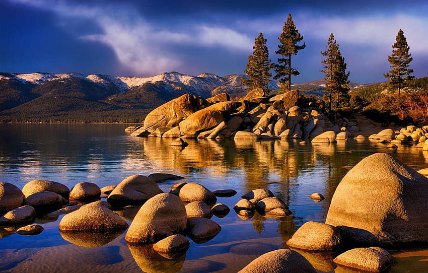 ağaçlar, manzara, dağlar, doğa, göl, taşlar, ABD, Sierra Nevada, Tahoe, Lake Tahoe , bölüm пейзажи, kuzey göl tahoe nevada HD duvar kağıdı