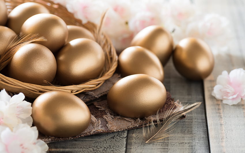Easter golden eggs, Easter, spring, pink spring flowers, golden eggs with resolution 2880x1800. High Quality HD wallpaper