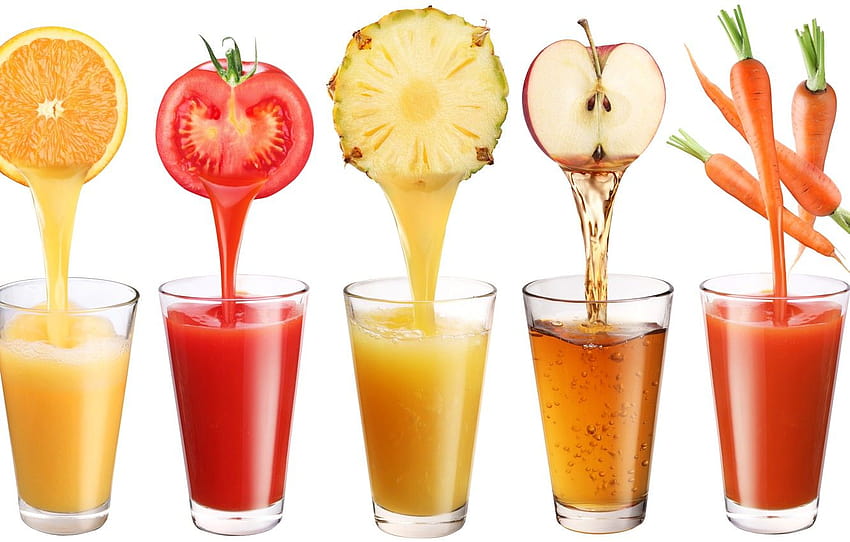 Apple, orange, white background, glasses, pineapple, juices HD wallpaper