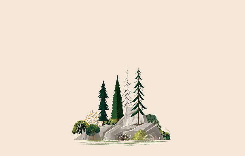skała, drzewa, minimalizm, ilustracja, Las, minimalistyczny świąteczny ipad Tapeta HD