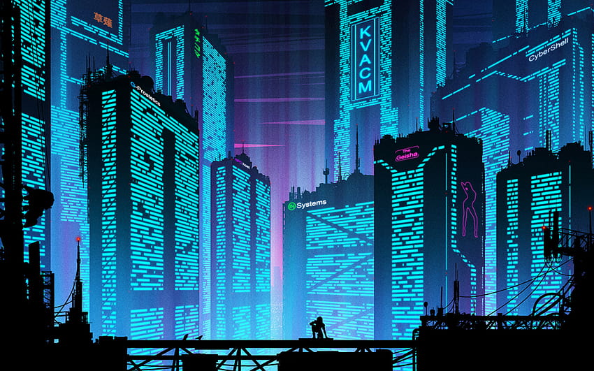 Download wallpaper 1366x768 cyberpunk, city, buildings, art, tablet,  laptop, 1366x768 hd background, 25488