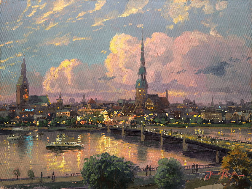 1920x1080 Sonnenuntergang über Riga, Thomas Kinkade, Malerei, Malerei, Lettland 20053 HD-Hintergrundbild