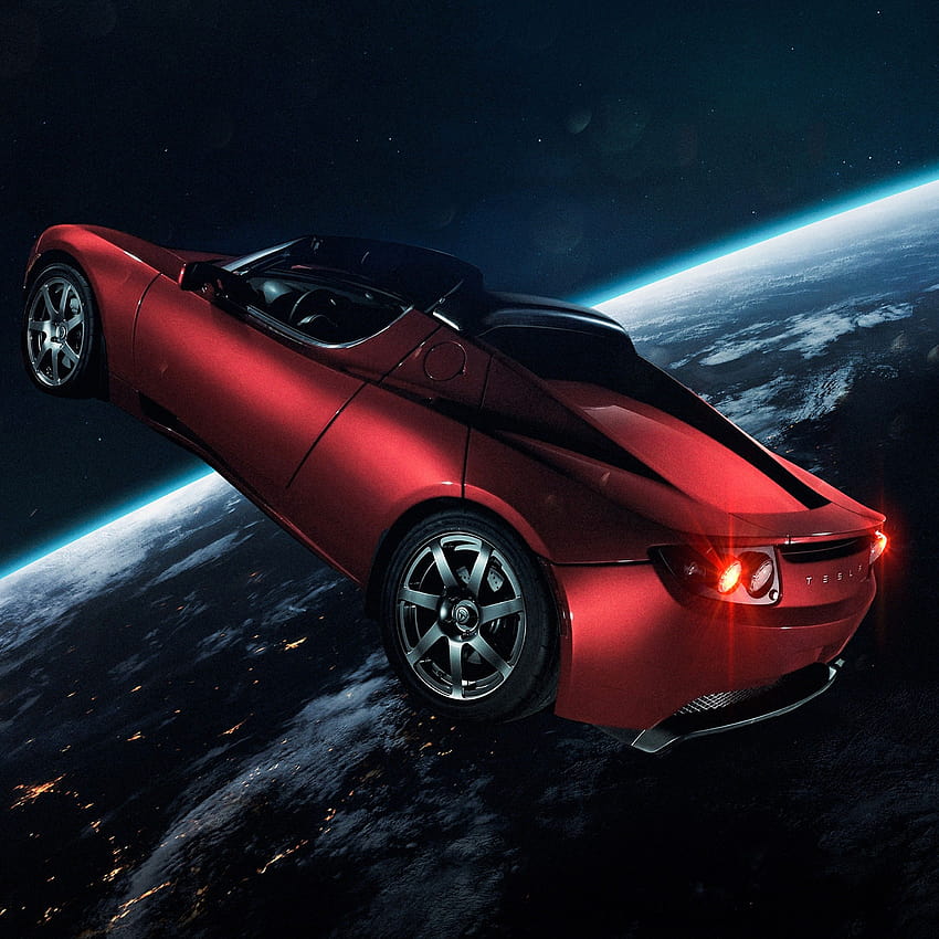 Tesla Roadster на Илон Мъск, Tesla в Космоса, Червена кола, Земя, Хоризонт, Електрически спортни автомобили, Космос HD тапет за телефон