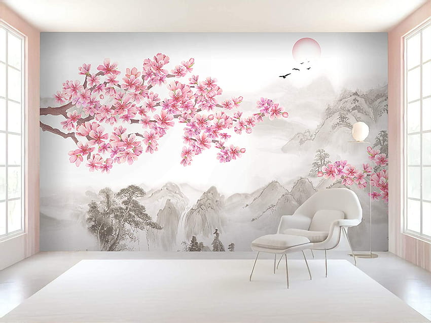 Murwall Floral Cherry Blossom Wall Mural Landscape Wall Art Chinese Home Decor Asiatic Cafe Design Natural Wall : Handmade Products HD wallpaper