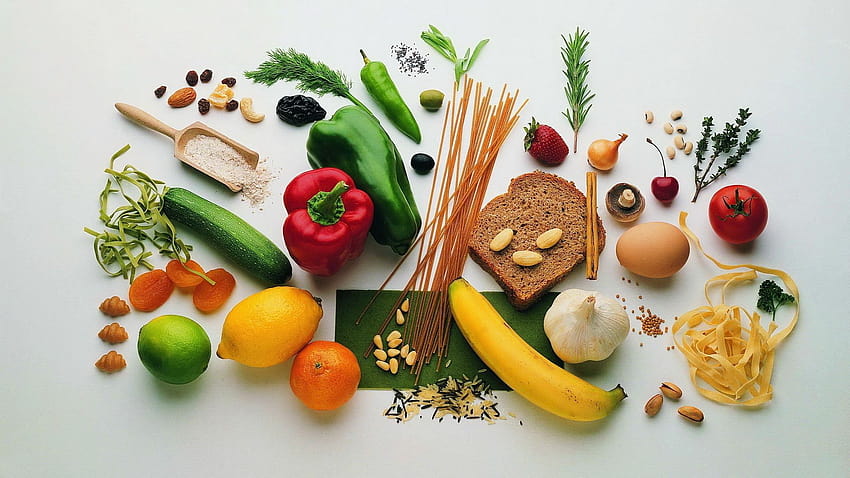 : ekmek, sebzeler, fındık, meyve, kahvaltı, salata, yemek, mutfak, tabak, vejeteryan yiyeceği, ordövr, yapraklı sebze, vitaminler, tahıllar, yemek tarifi, meze, garnitür, crudit s, doğal gıdalar, süper yiyecek, parmak gıda, diyet yemekleri HD duvar kağıdı