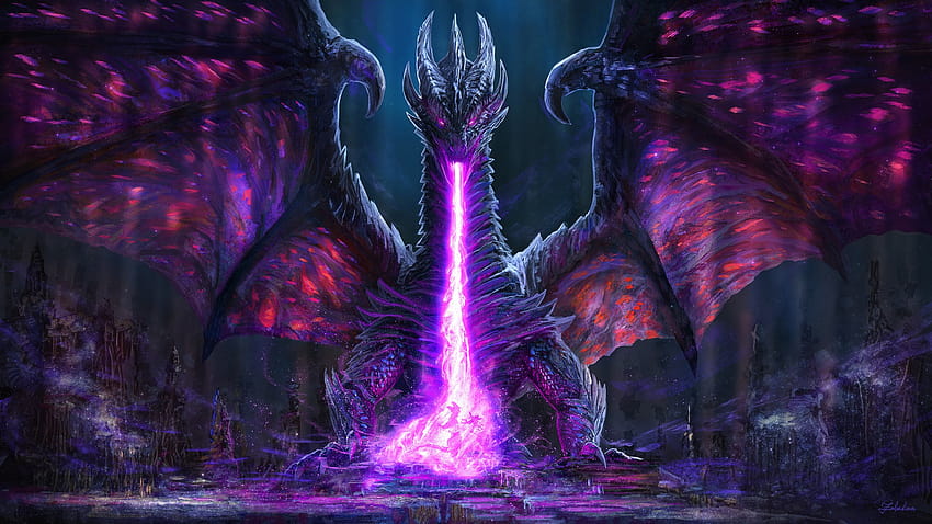 Fantasie-rosa und blauer Drache atmet ein Feuer Träumerischer, rosa Flammendrache HD-Hintergrundbild