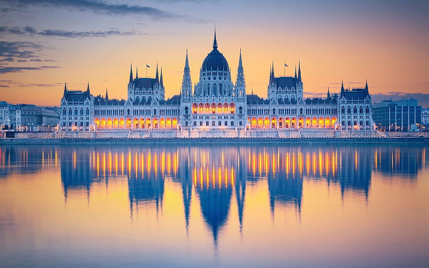 Hungary, Budapest, Parliament, water reflection, river, lights, clouds, dawn 1920x1200 , hungary summer HD wallpaper