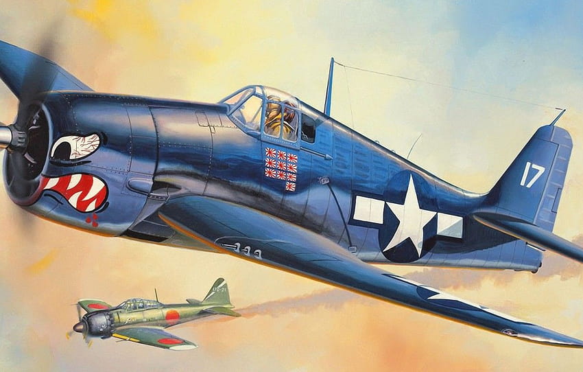 wojna, sztuka, lotnictwo, II wojna światowa, wojna na Pacyfiku, The Grumman F6F Hellcat, painting.dogfight, Mitsubishi A6M Zero , sekcja авиация Tapeta HD