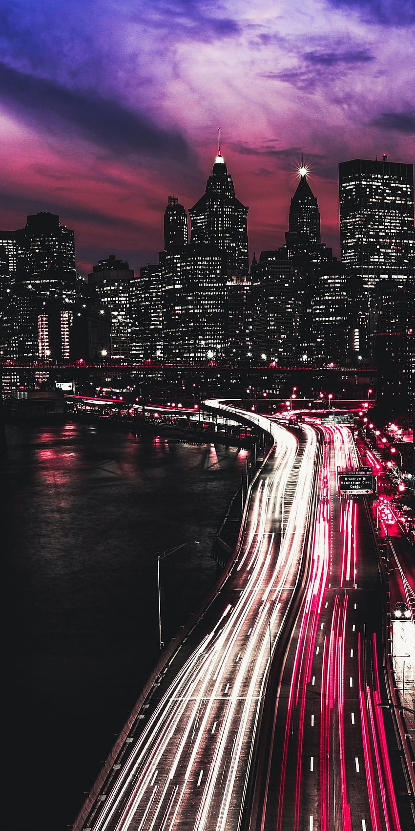 Ciudad de Nueva York, Manhattan, semáforos, estelas de luz, noche, mundo, teléfono de la ciudad fondo de pantalla del teléfono