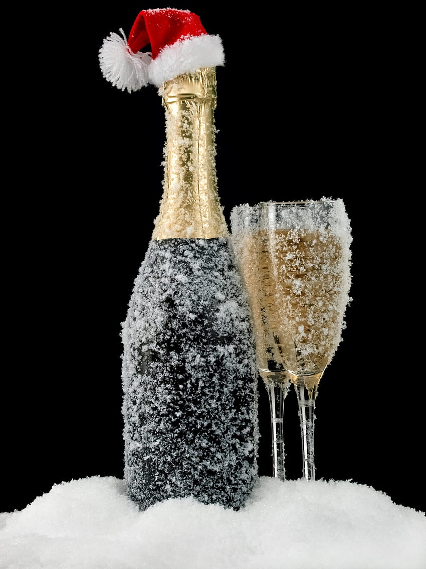 New year Winter hat Sparkling wine Snow Food 2736x3648, sparkling winter HD phone wallpaper