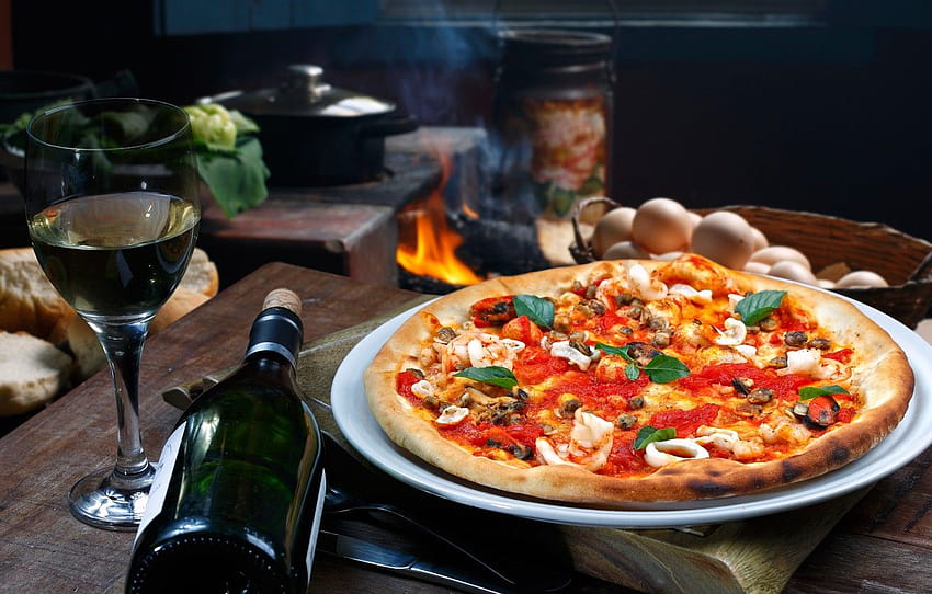 Tisch, Feuer, Wein, Glas, Flasche, Küche, Ofen, Pizza, Hütte, Bokeh, Abschnitt еда HD-Hintergrundbild