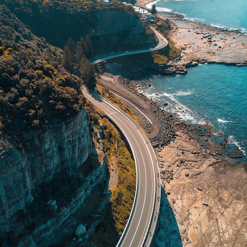 sea cliff bridge, aerial view, highway, cliff drone view HD phone wallpaper