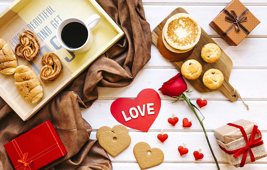ดอกกุหลาบ กาแฟ อาหารเช้า คุกกี้ ของขวัญ สีแดง ความรัก กุหลาบ กล่อง หัวใจ กาแฟ วันวาเลนไทน์ ส่วน праздники กล่องวาเลนไทน์ วอลล์เปเปอร์ HD