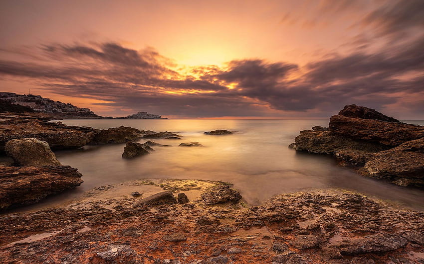 Mediterranean Sea, coast, sunset, beach, rocks, sunset beach seascape HD wallpaper