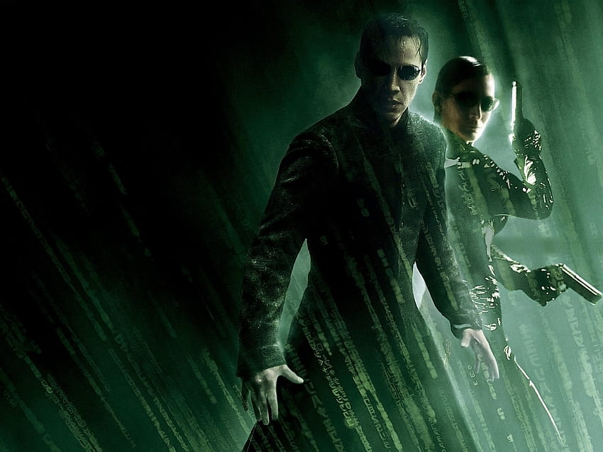 : verde, Keanu Reeves, The Matrix, filmes trinity, Neo, Carrie Anne Moss, The Matrix Revolutions, escuridão, captura de tela, computador, personagem fictício, efeitos especiais 1600x1200, matrix trinity papel de parede HD
