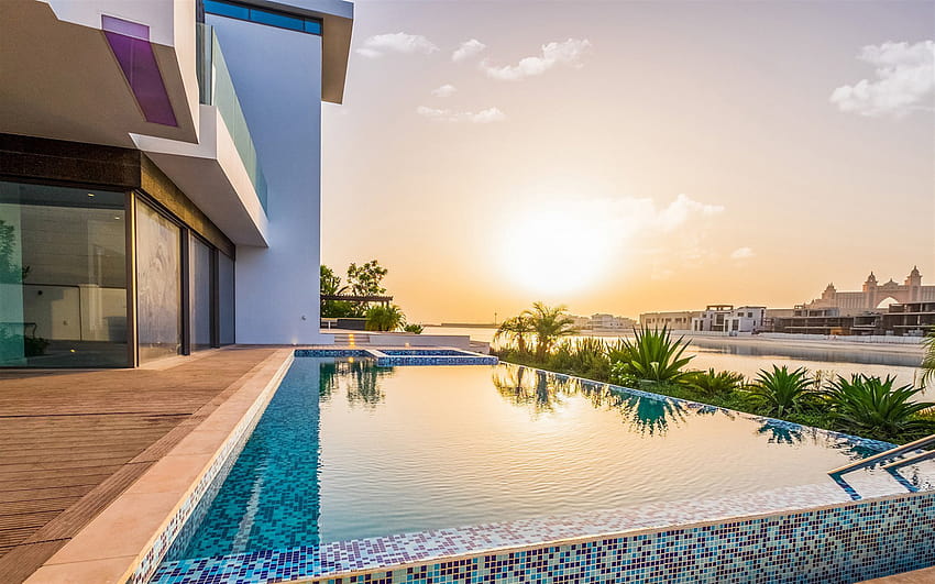 басейн близо до къщата, дизайн на басейн, луксозна къща, Дубай, ОАЕ, вила с резолюция 1920x1200. Висококачествено, луксозно домашно аниме HD тапет